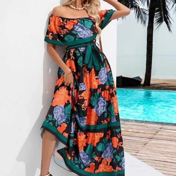 Multicolor Boho Womens Floral Print Off Shoulder Belted A-line Dress - Picture 1 of 5